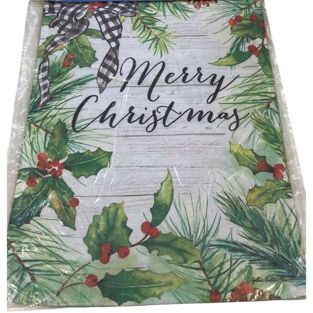 Merry Christmas Garden Flag Holiday Party Banner Holly Plaid Bow Winter Decor